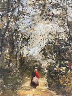 Peinture à l'huile impressionniste française d'une femme marchant sur un chemin de bois, lumière apprêtée