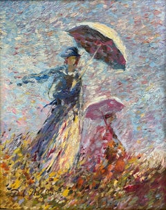 Peinture à l'huile impressionniste française de qualité représentant une mère et sa fille avec des parasols dans une moisson