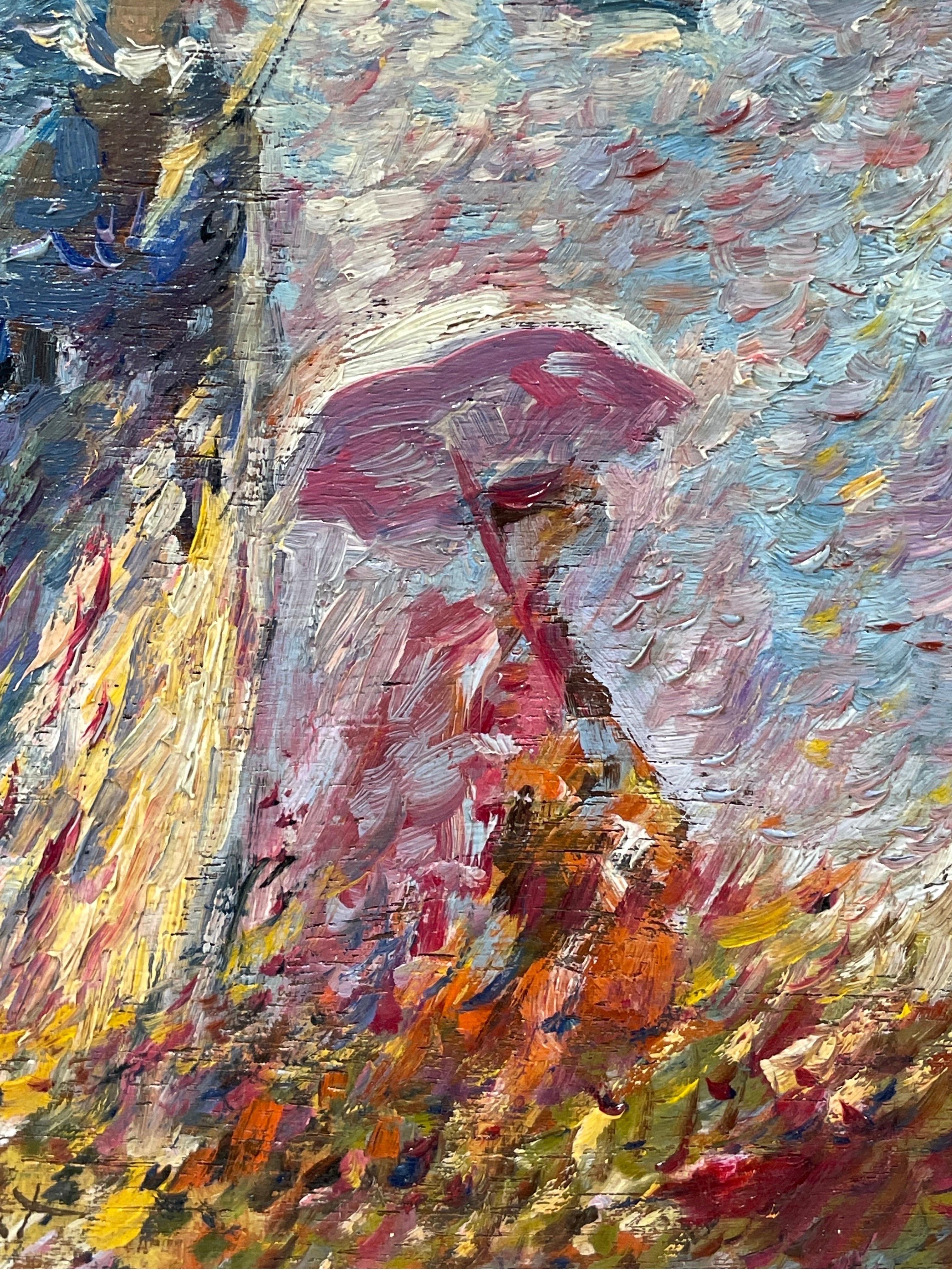 Fine French Impressionist Oil Painting Mother & Daughter with Parasols in Meadow - Gray Figurative Painting by Paul Flaubert