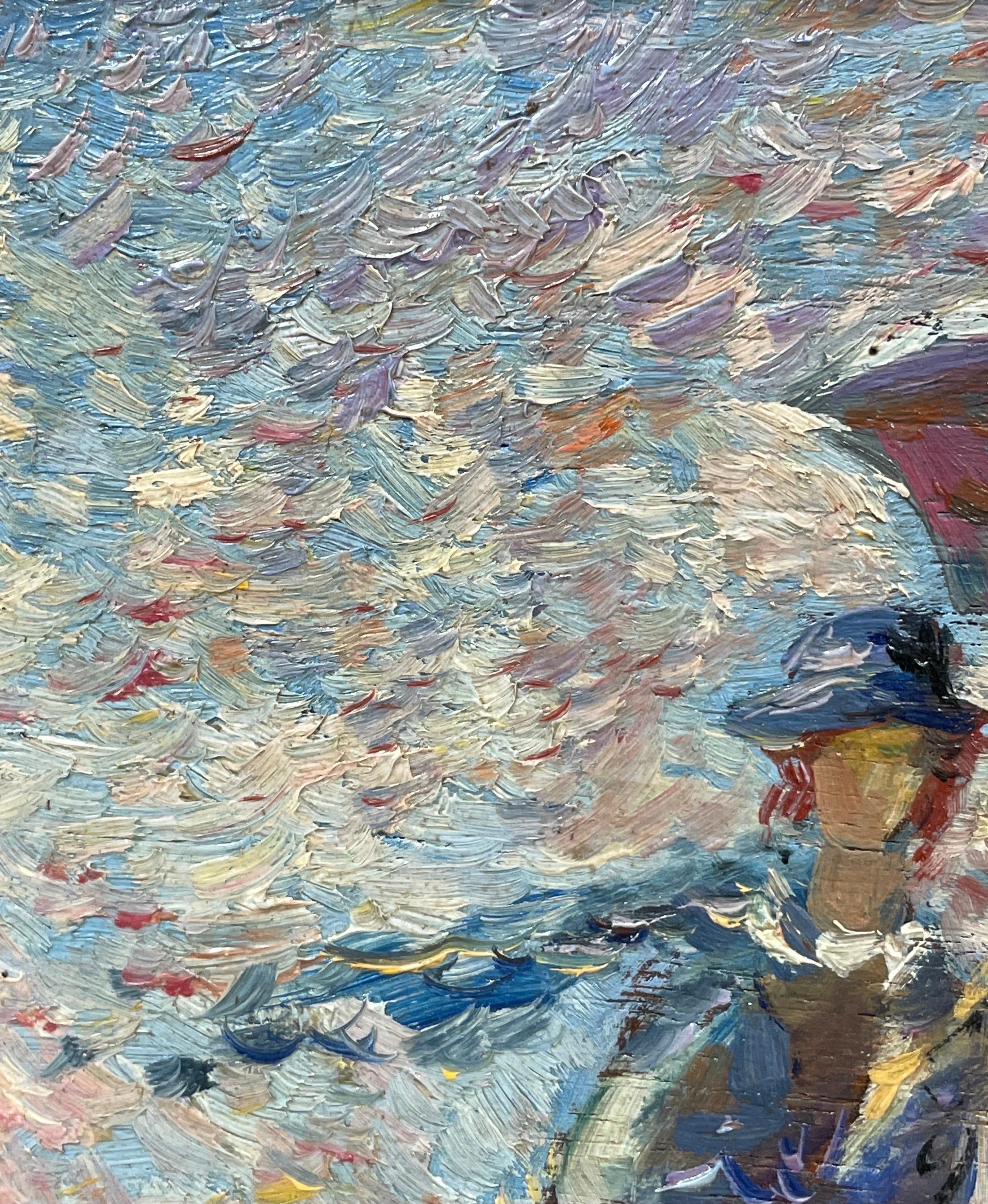 Fine French Impressionist Oil Painting Mother & Daughter with Parasols in Meadow 1