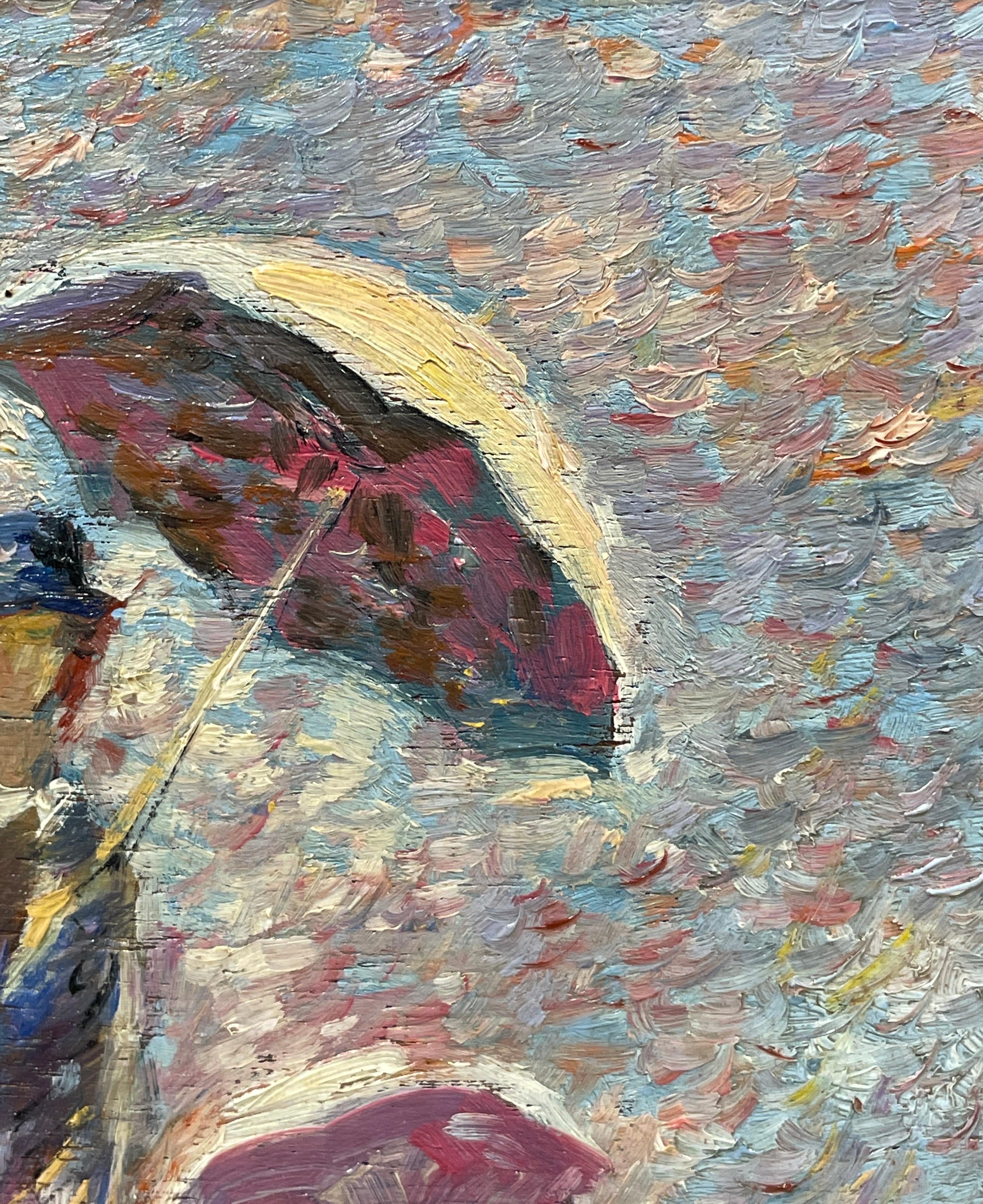 Fine French Impressionist Oil Painting Mother & Daughter with Parasols in Meadow 2