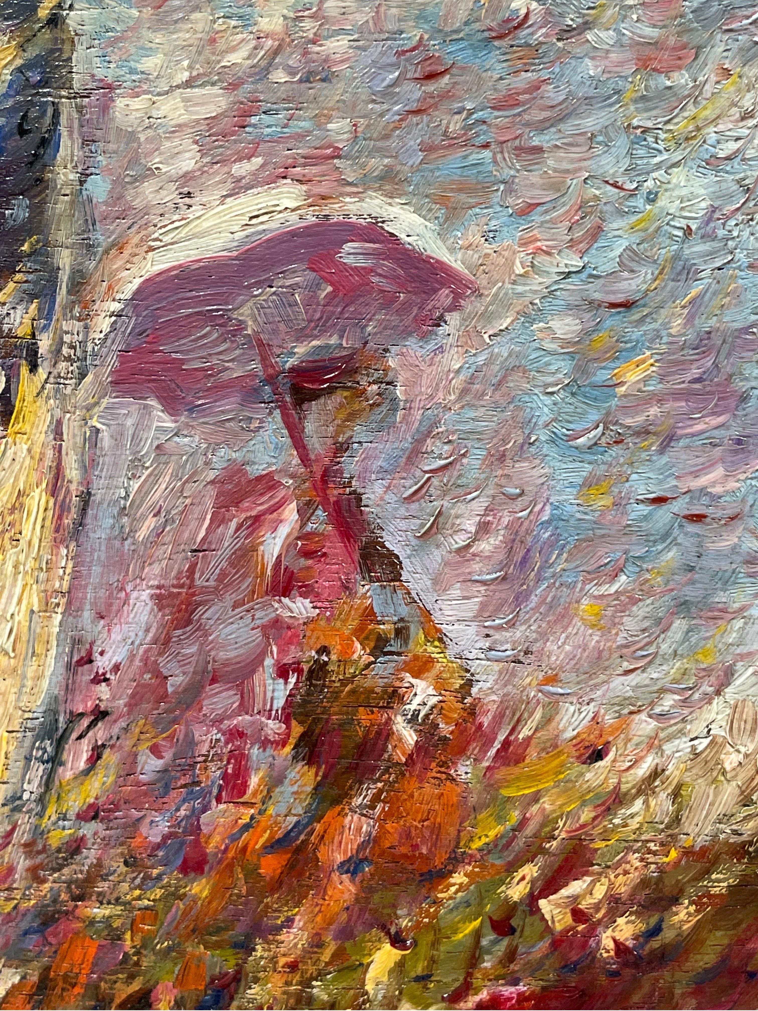 Fine French Impressionist Oil Painting Mother & Daughter with Parasols in Meadow 3