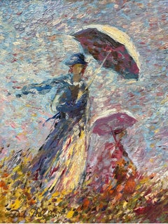 Fine French Impressionist Oil Painting Mother & Daughter with Parasols in Meadow
