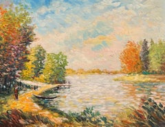 Peinture impressionniste française du 20e siècle représentant une scène de lac avec des personnages