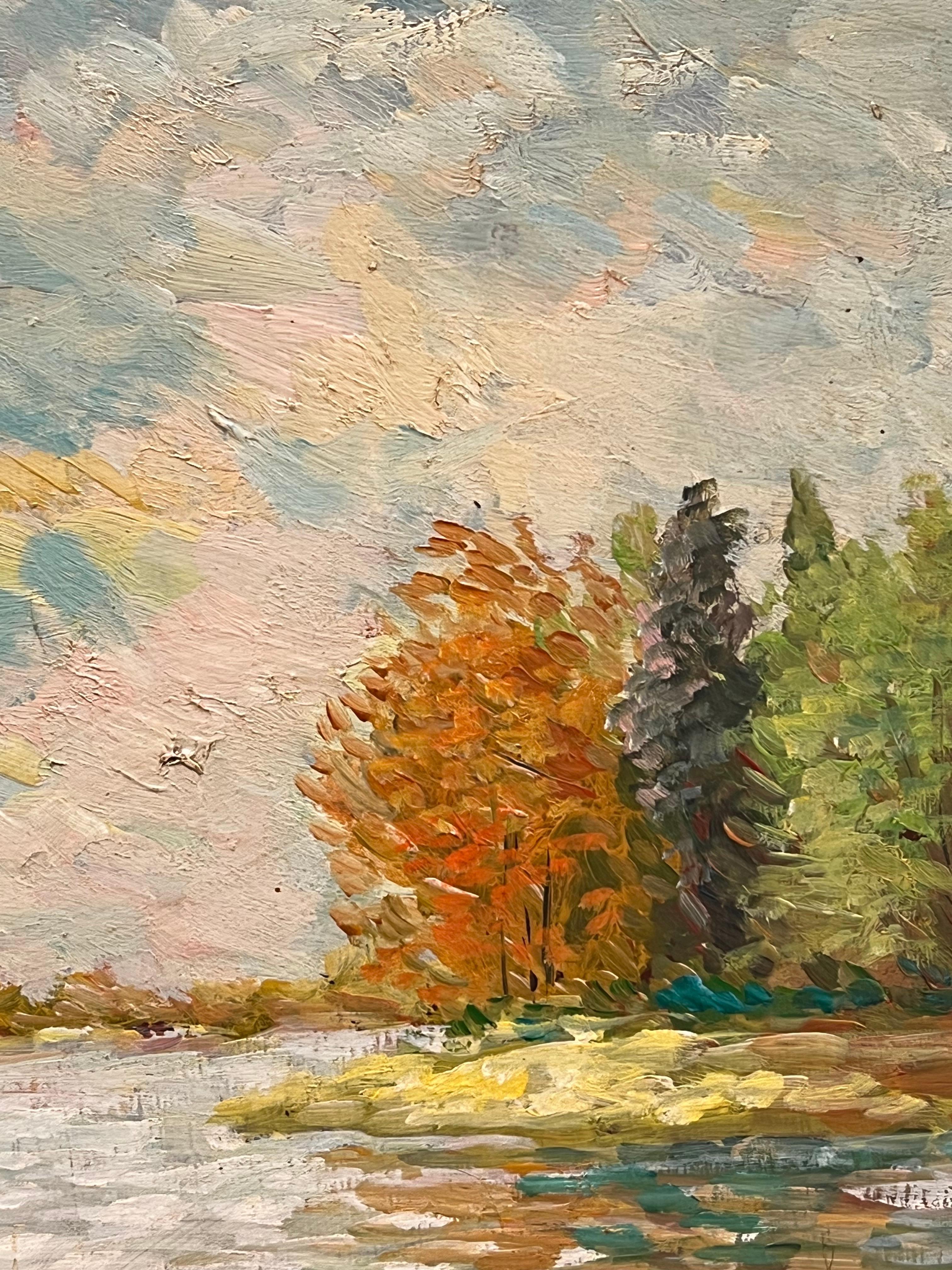 Französischer Impressionist 20. Jahrhundert Landschaftsgemälde Seeszene mit Figuren (Braun), Landscape Painting, von Paul Flaubert