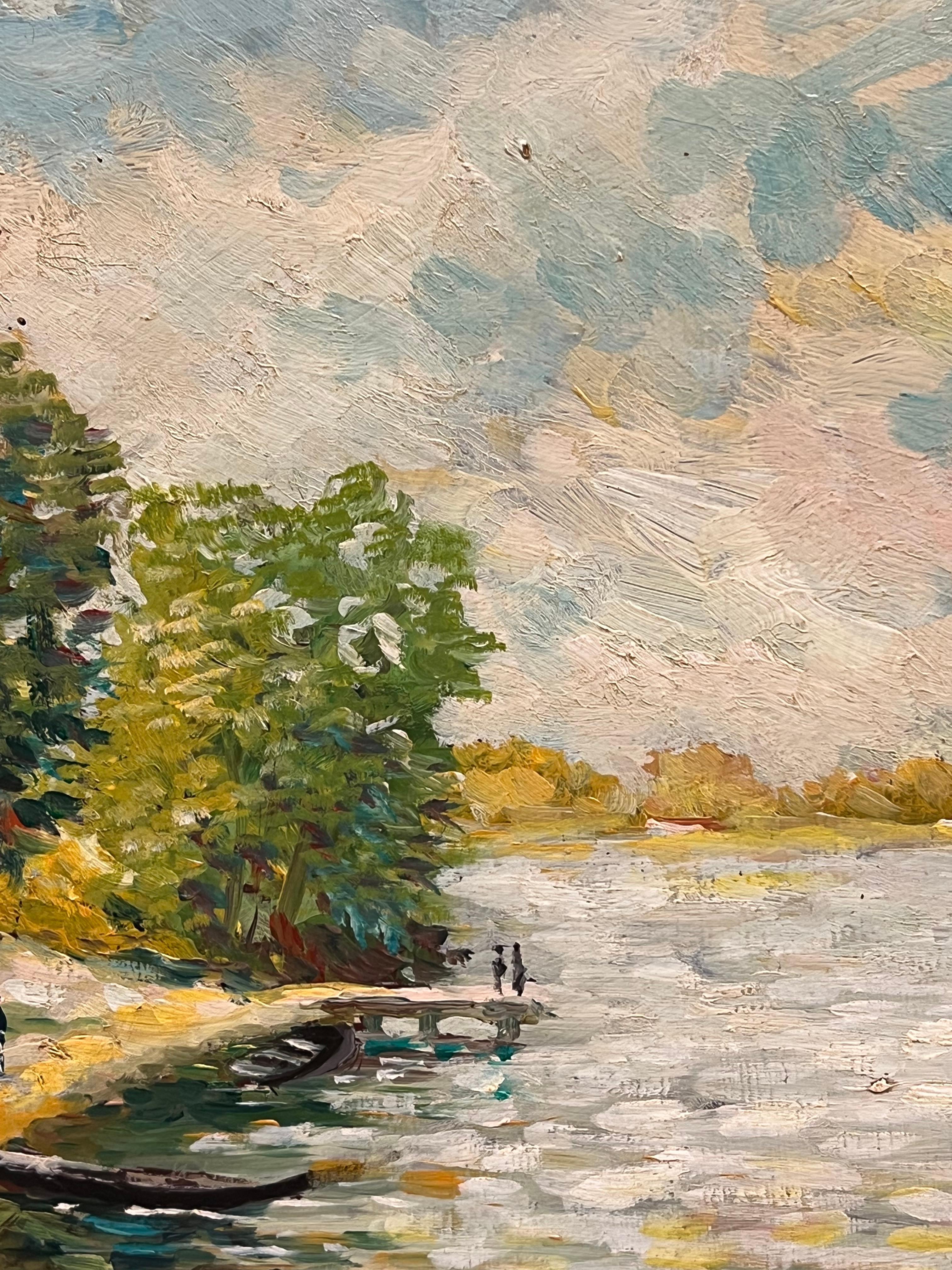 Französischer Impressionist 20. Jahrhundert Landschaftsgemälde Seeszene mit Figuren im Angebot 1