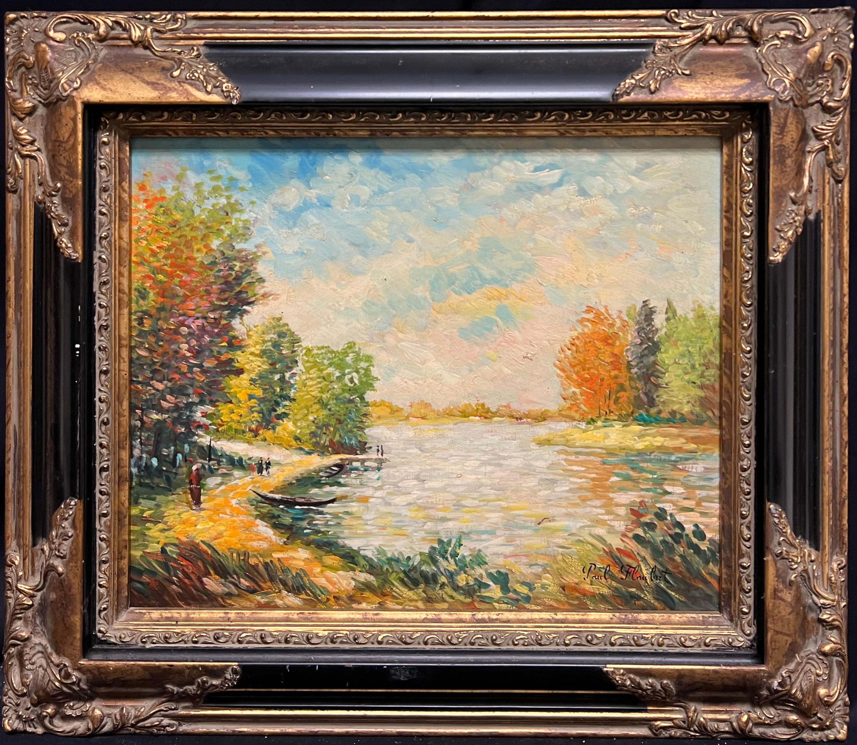 Landscape Painting Paul Flaubert - Peinture impressionniste française du 20e siècle représentant une scène de lac avec des personnages