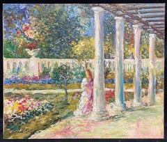 French Impressionist Signed Oil Painting Elegant Lady Pretty Flower Garden