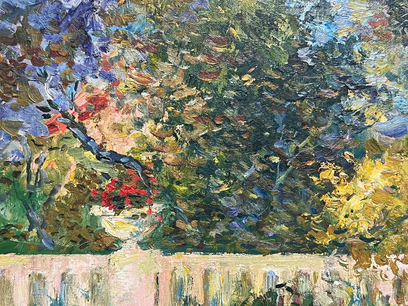 Pintura al Óleo Impresionista Francesa Firmada Elegante Dama Bonito Jardín de Flores - Landscape Painting Marrón de Paul Flaubert
