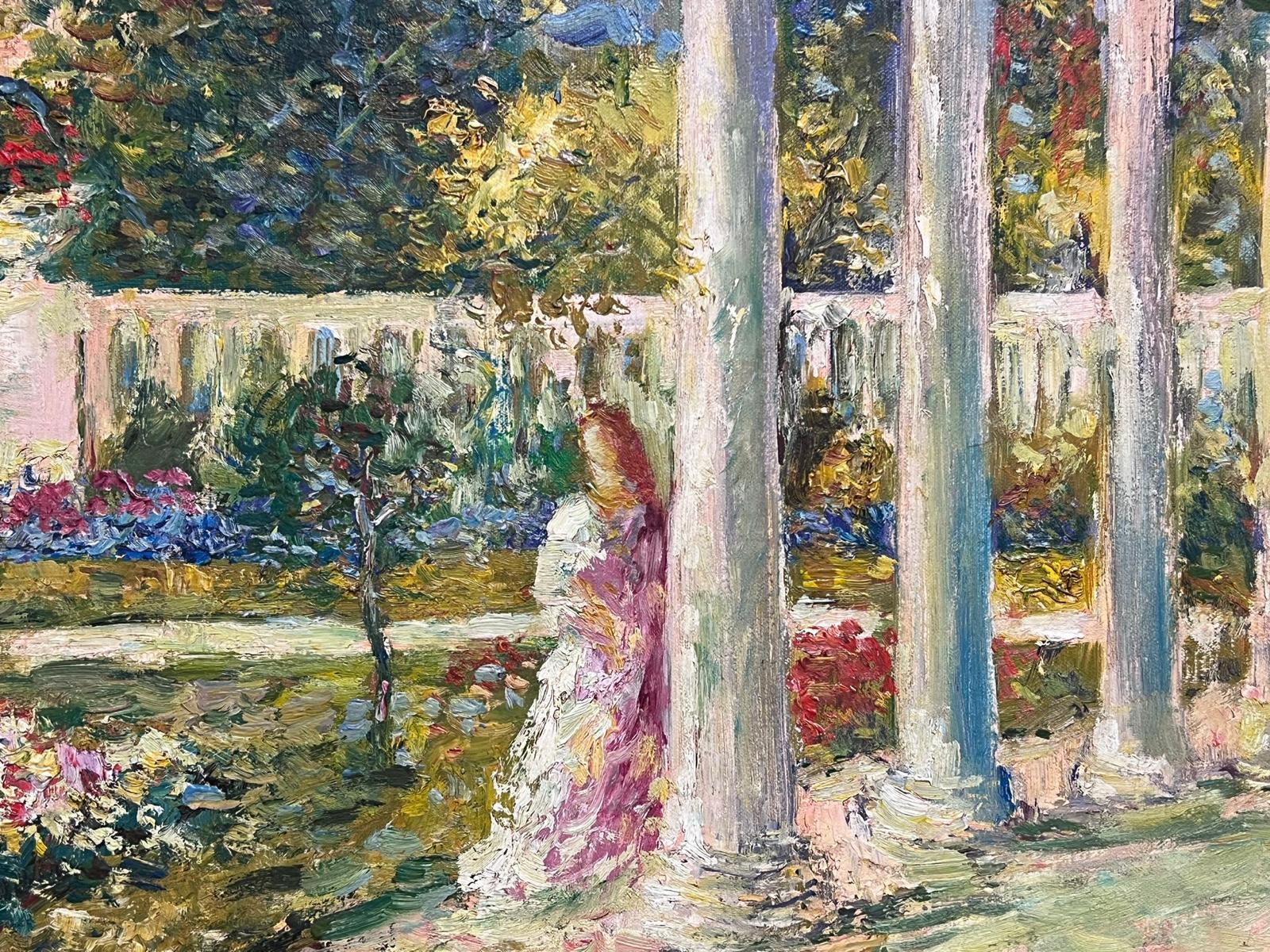 French Impressionist Signed Oil Painting Elegant Lady Pretty Flower Garden  For Sale 2