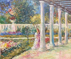 Retro French Impressionist Signed Oil Painting Elegant Lady Pretty Flower Garden 