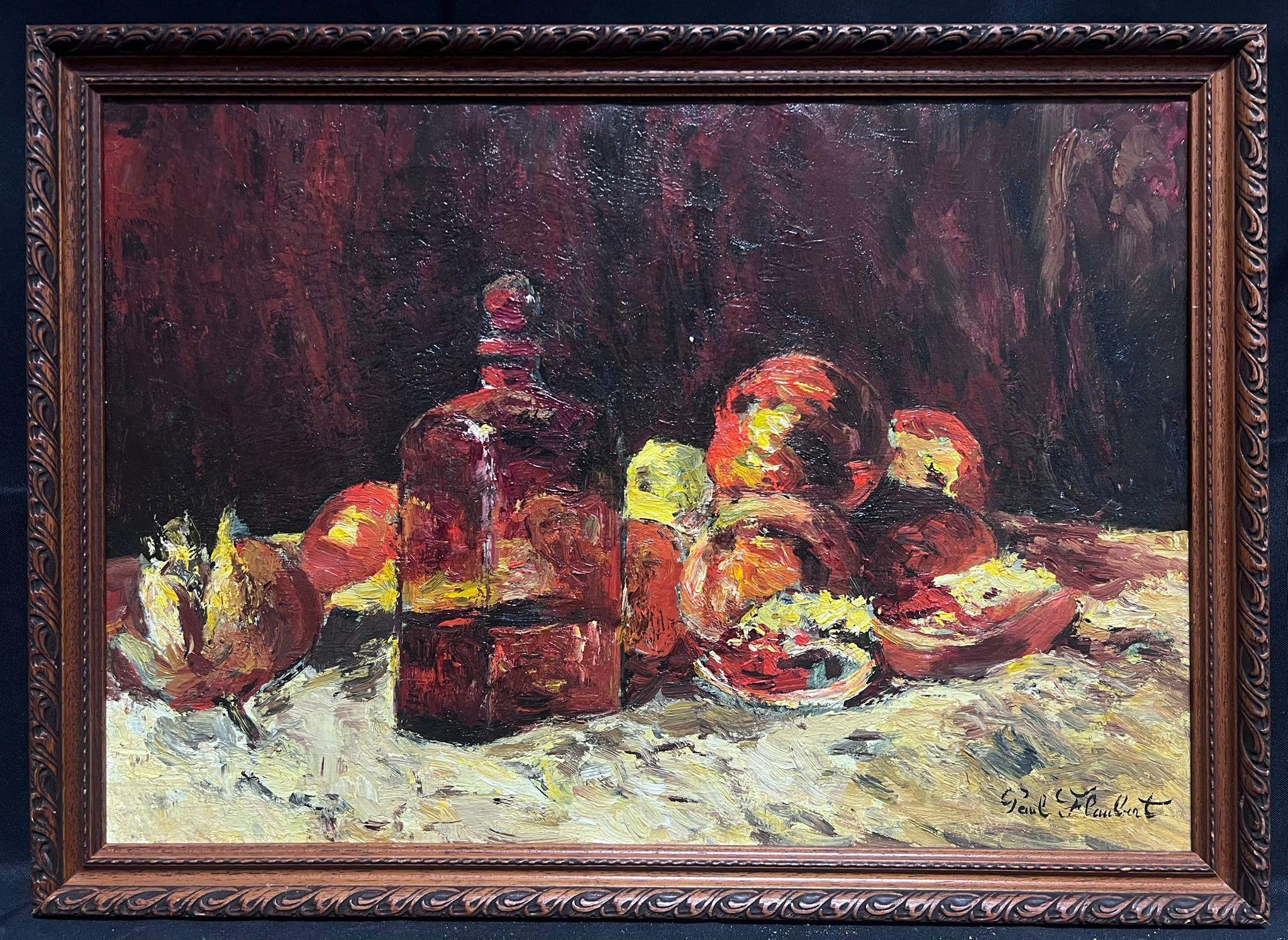 French Impressionist Signed Oil Painting Still Life Apples and Wine - Black Still-Life Painting by Paul Flaubert