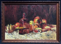 Peinture impressionniste française signée Nature morte aux pommes et au vin