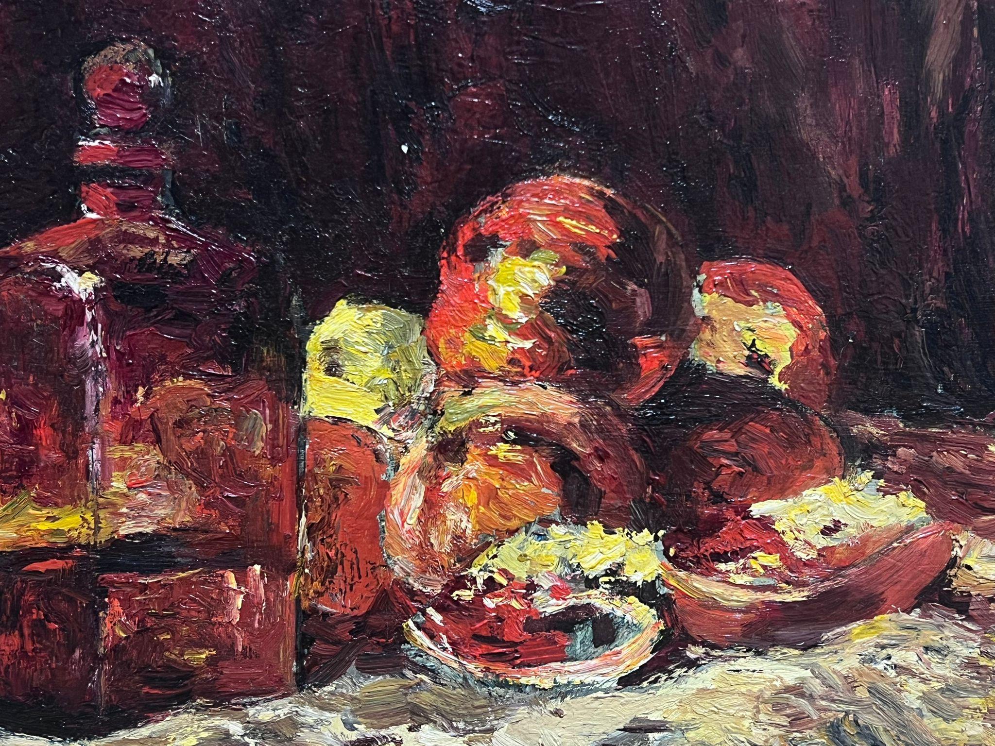 Peinture impressionniste française signée Nature morte aux pommes et au vin - Noir Still-Life Painting par Paul Flaubert