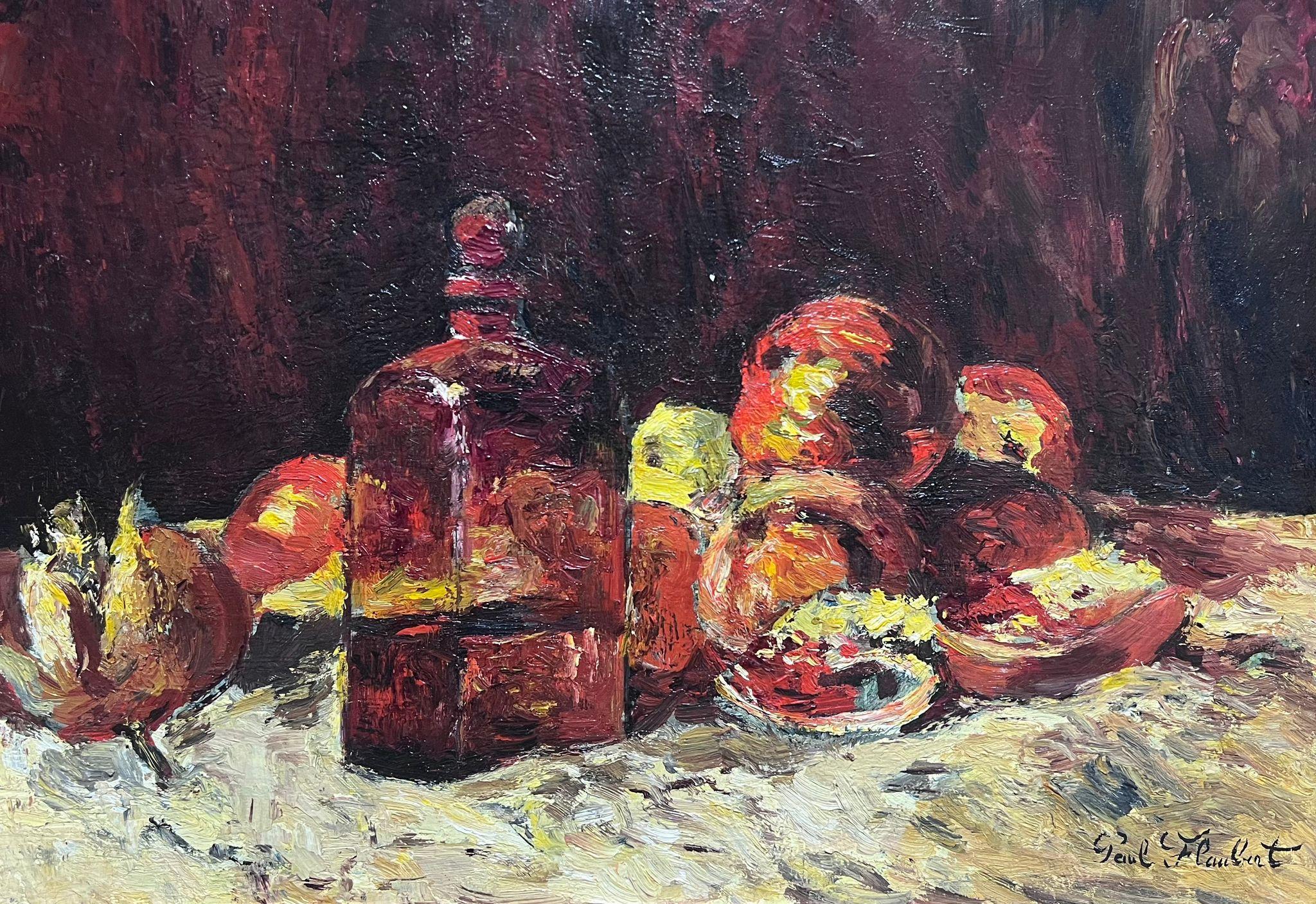 Paul Flaubert Still-Life Painting – Französisch-impressionistisches signiertes Ölgemälde, Stillleben, Äpfel und Wein, Französisch