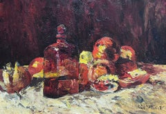 Peinture impressionniste française signée Nature morte aux pommes et au vin