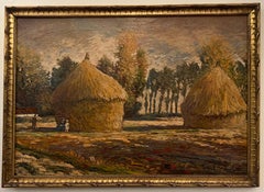 Haystacks at Giverny French Impressionist Signed Oil Painting Poplar Trees Field