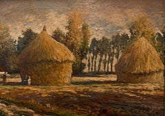 Haystacks at Giverny French Impressionist Signed Oil Painting Poplar Trees Field