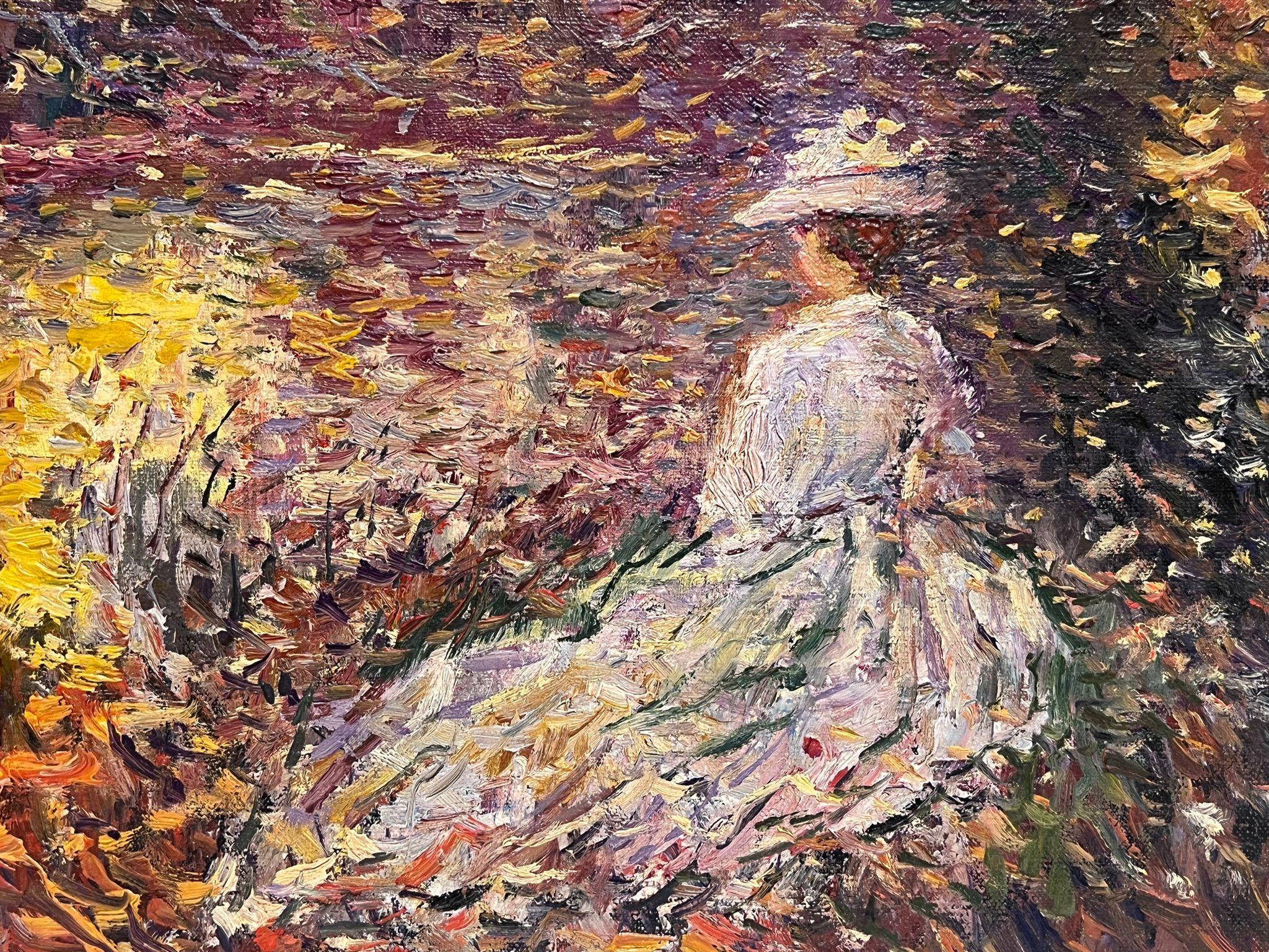 Peinture à l'huile impressionniste française « Lady Seated by Autumnal Lake » signée 1