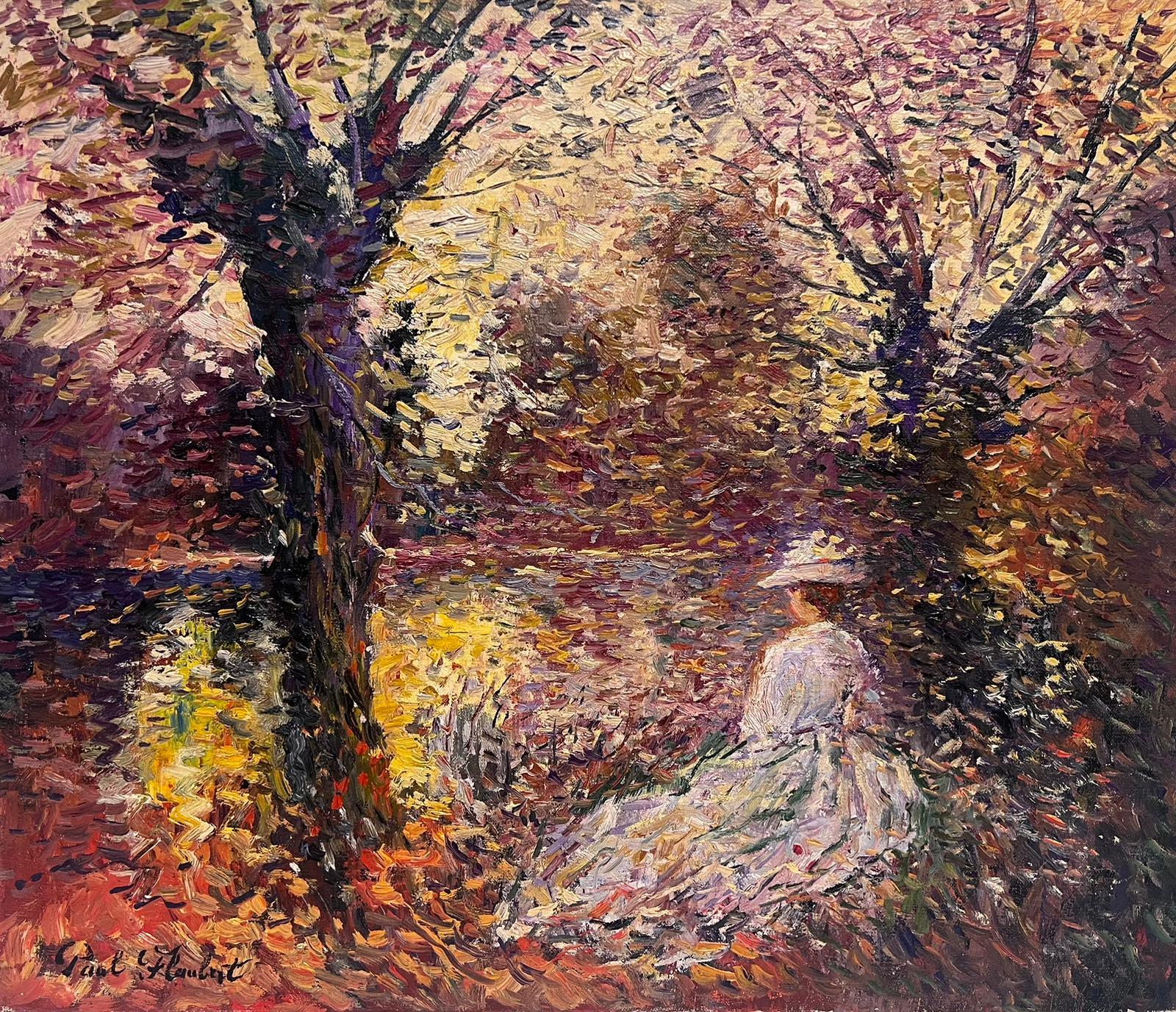Figurative Painting Paul Flaubert - Peinture à l'huile impressionniste française « Lady Seated by Autumnal Lake » signée