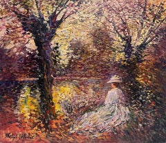 Peinture à l'huile impressionniste française « Lady Seated by Autumnal Lake » signée