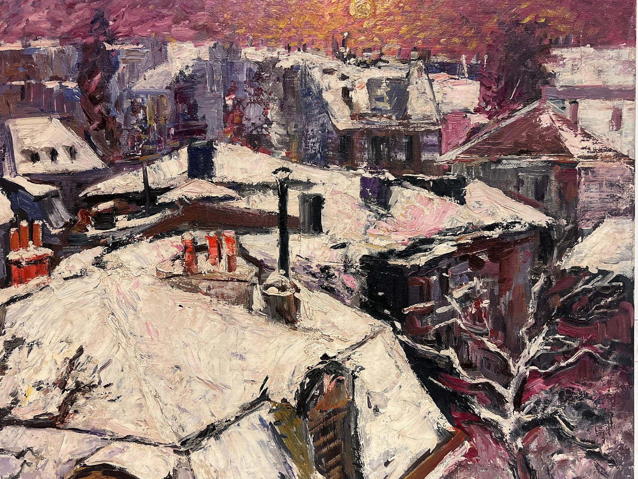 Peinture à l'huile impressionniste française « Paris Roof Tops in the Snow at Dusk » signée - Painting de Paul Flaubert