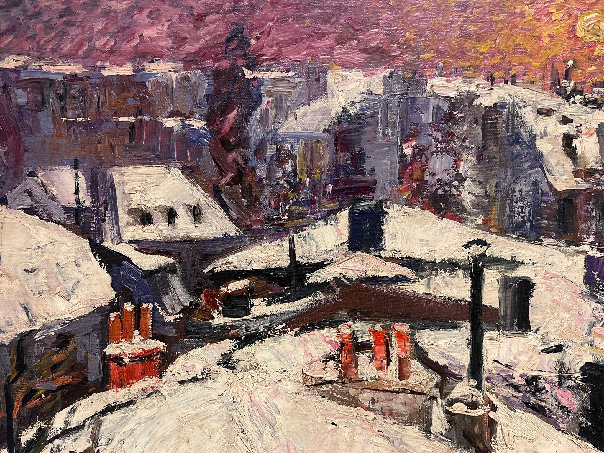 Paris Roof Tops in the Snow at Dusk Signed French Impressionist Oil Painting For Sale 1