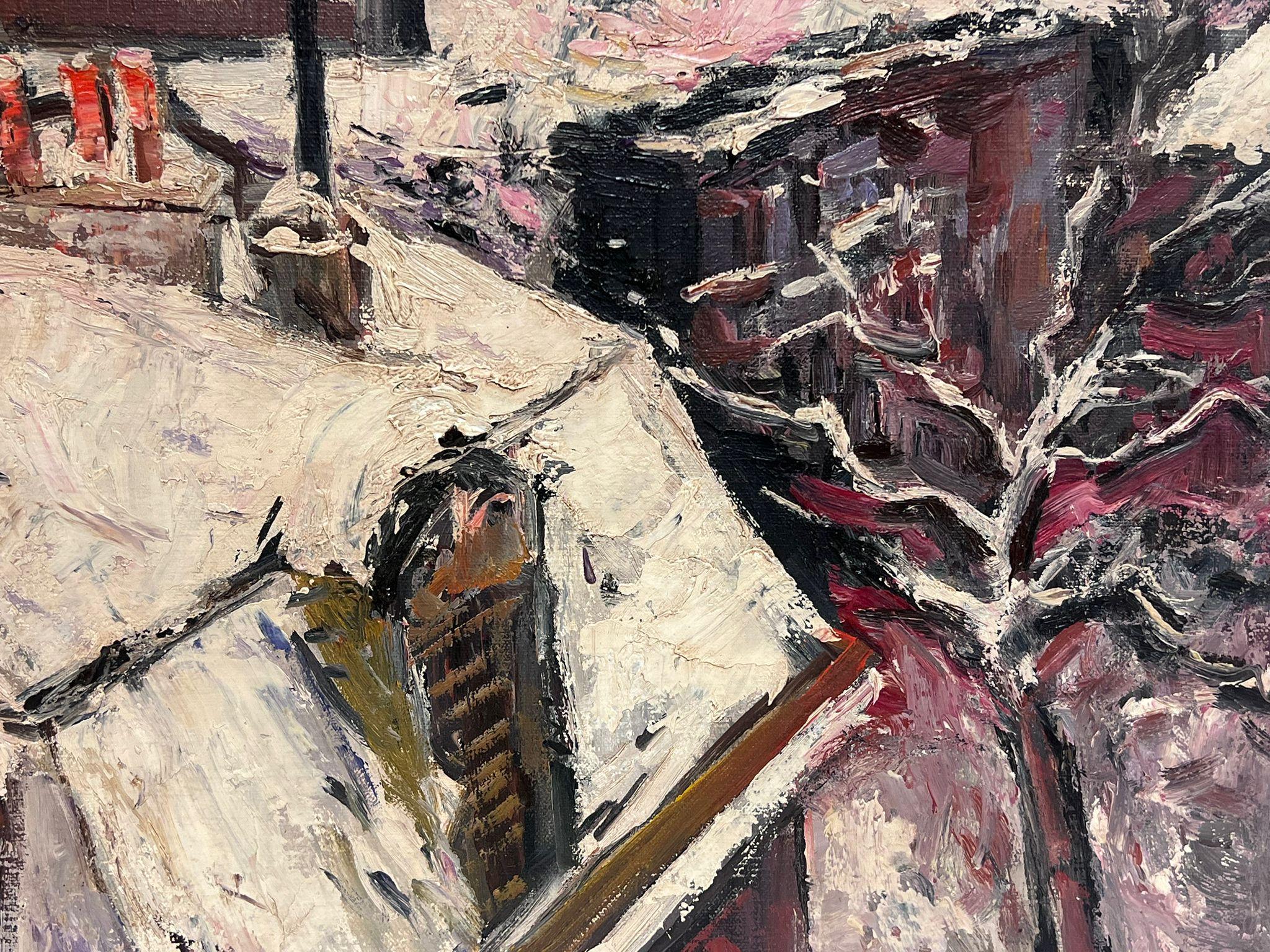 Peinture à l'huile impressionniste française « Paris Roof Tops in the Snow at Dusk » signée en vente 1