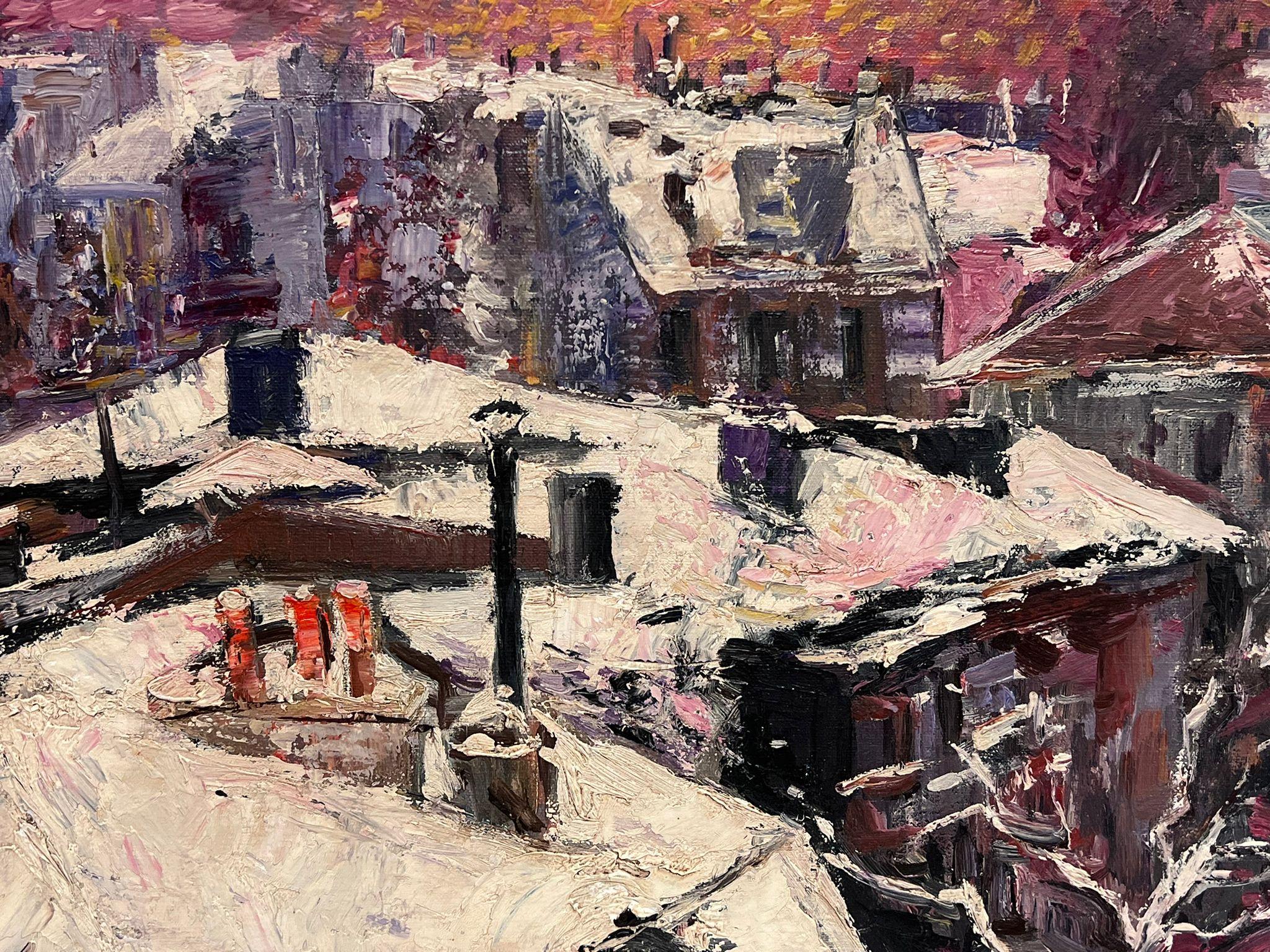 Paris Roof Tops in the Snow at Dusk Signed French Impressionist Oil Painting For Sale 4