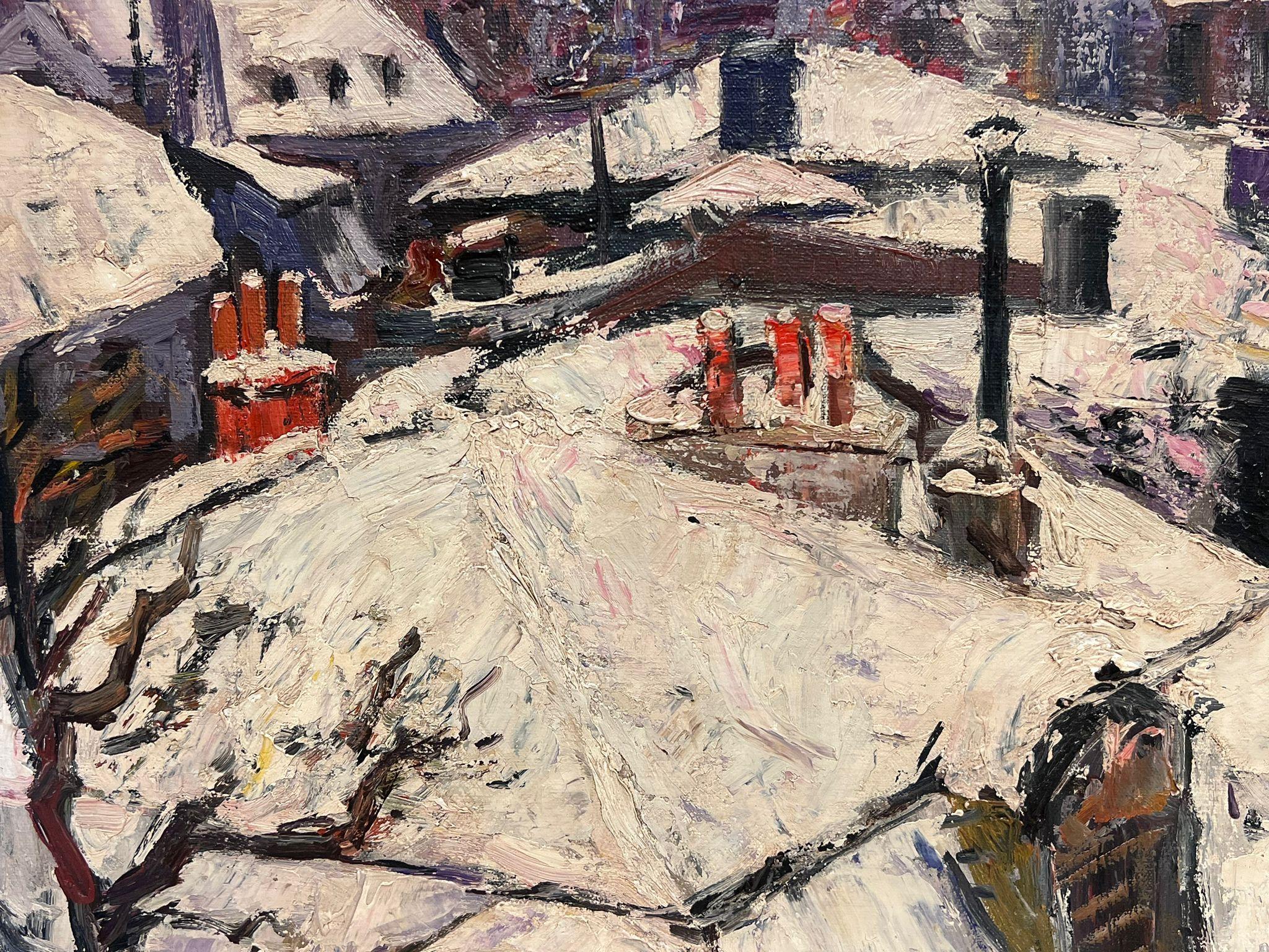 Paris Roof Tops in the Snow at Dusk Signed French Impressionist Oil Painting For Sale 5