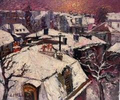 Peinture à l'huile impressionniste française « Paris Roof Tops in the Snow at Dusk » signée
