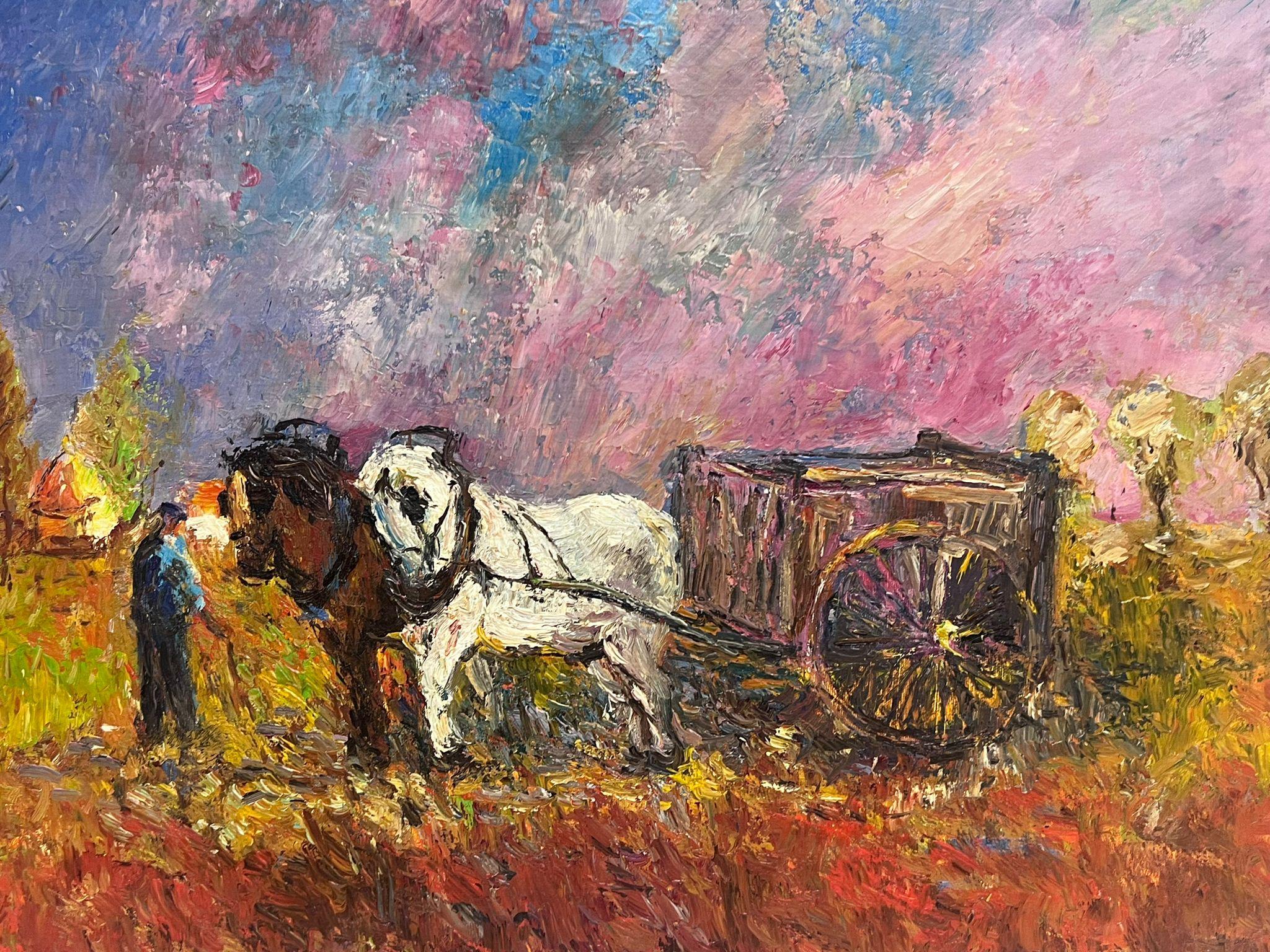 Peinture à l'huile impressionniste française signée Chevaux tirant une charrette au coucher du soleil - Painting de Paul Flaubert