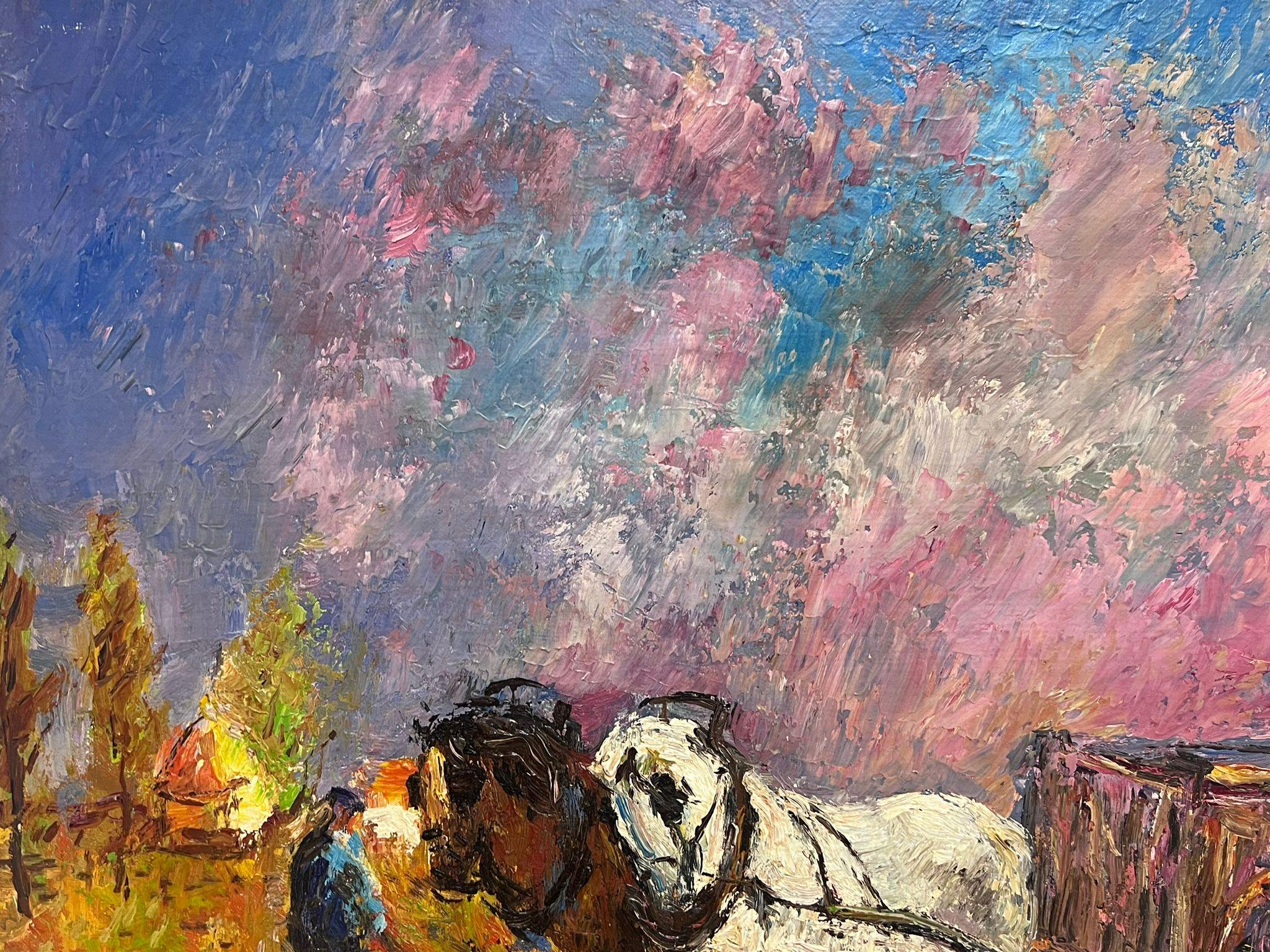 Peinture à l'huile impressionniste française signée Chevaux tirant une charrette au coucher du soleil - Impressionnisme Painting par Paul Flaubert