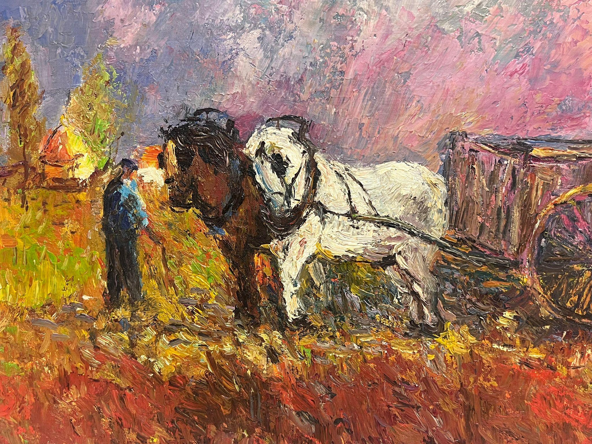 Signed French Impressionist Oil Painting Horses Pulling Cart at Sunset For Sale 1