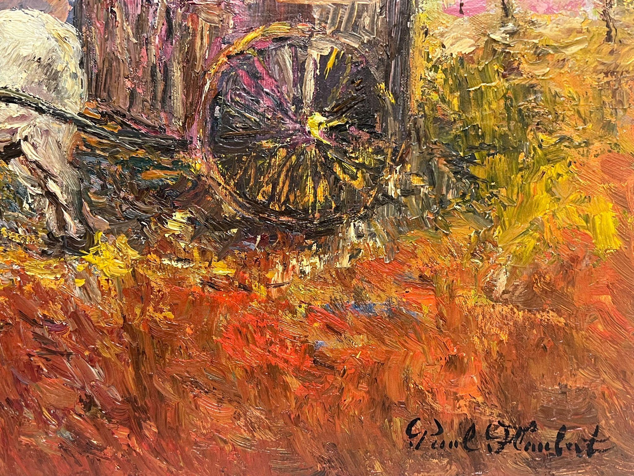 Peinture à l'huile impressionniste française signée Chevaux tirant une charrette au coucher du soleil en vente 1