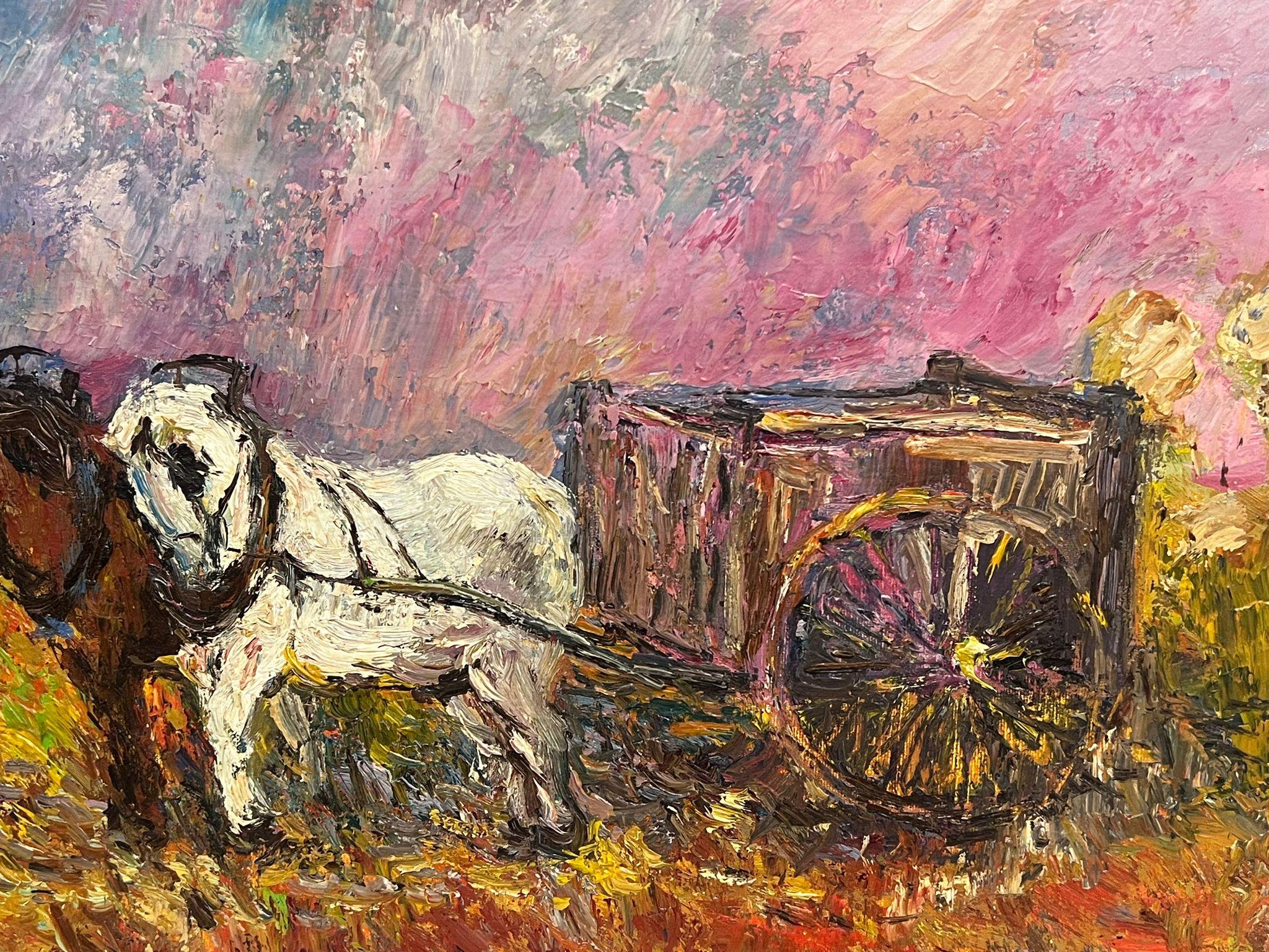 Peinture à l'huile impressionniste française signée Chevaux tirant une charrette au coucher du soleil en vente 2