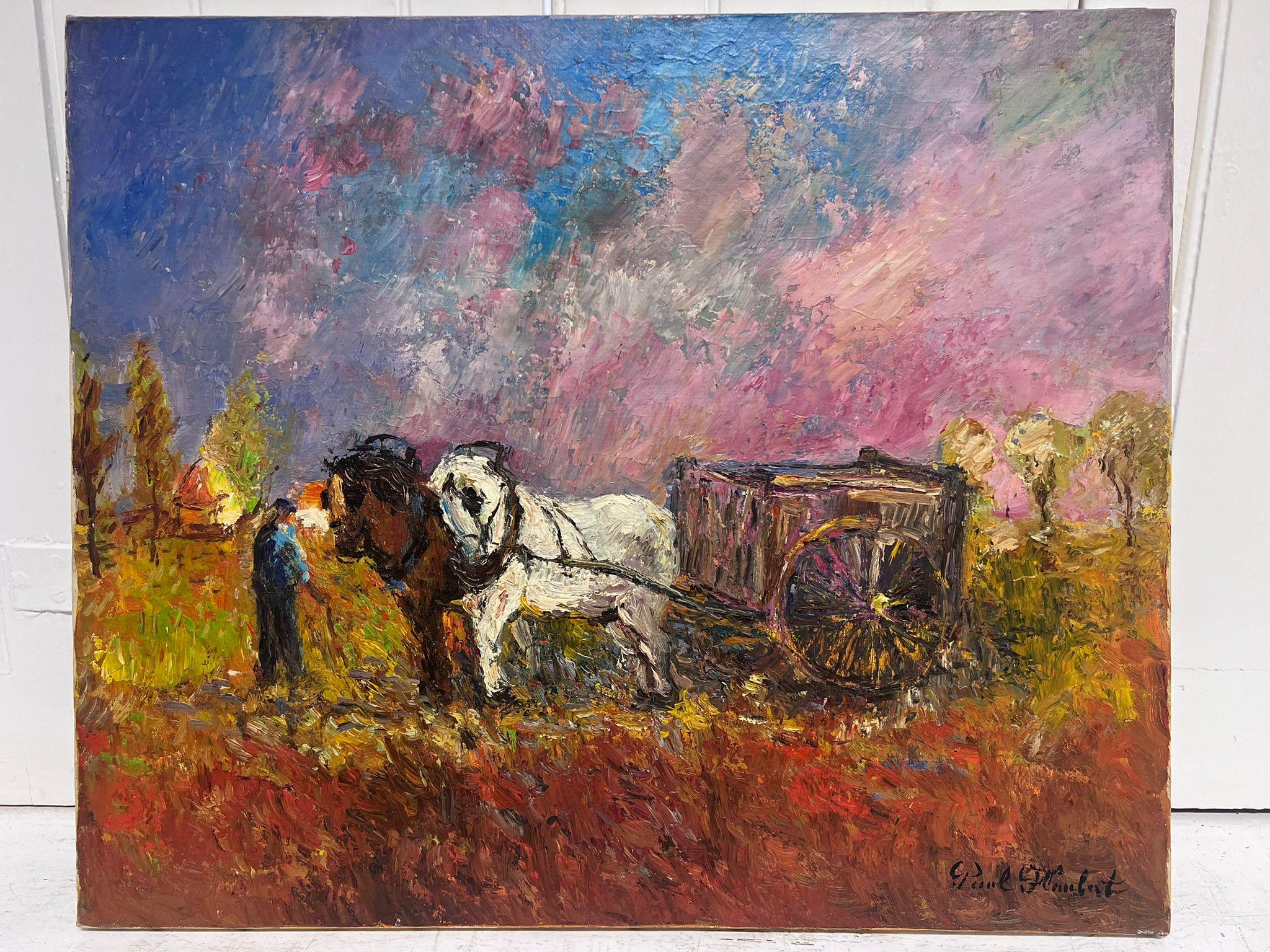 Peinture à l'huile impressionniste française signée Chevaux tirant une charrette au coucher du soleil en vente 3