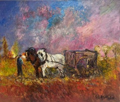 Peinture à l'huile impressionniste française signée Chevaux tirant une charrette au coucher du soleil