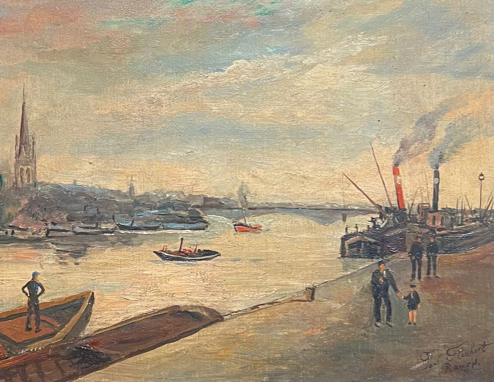 Ansicht der Flussfrontsszene mit Dampfschiffen aus dem frühen Rouen, Frankreich, 20. Jahrhundert – Painting von Paul Flaubert