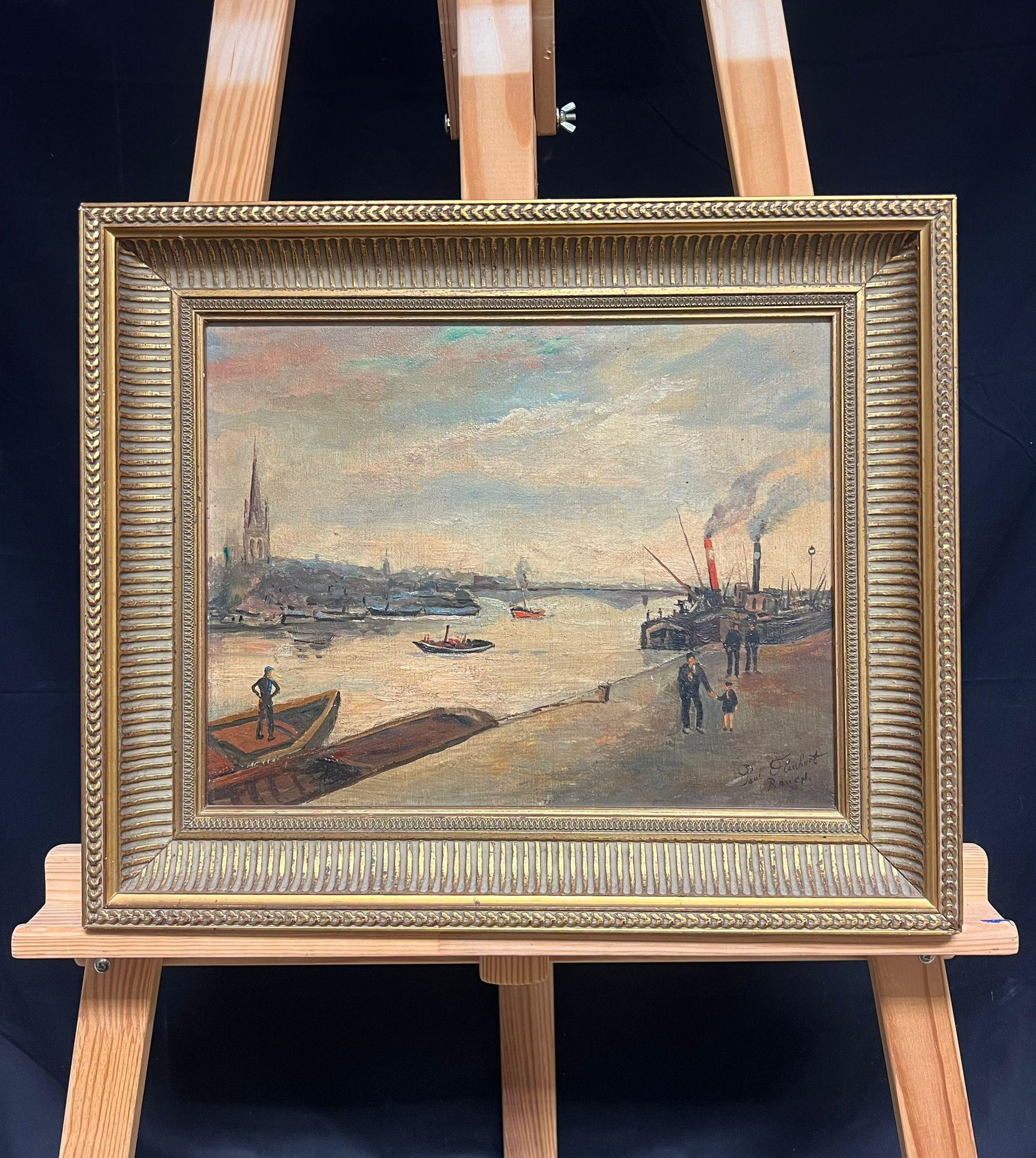 Ansicht der Flussfrontsszene mit Dampfschiffen aus dem frühen Rouen, Frankreich, 20. Jahrhundert (Impressionismus), Painting, von Paul Flaubert