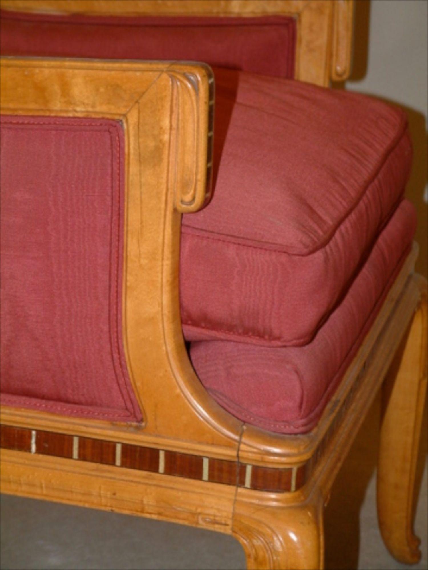 Early French Art Deco armchairs by Paul Follot presented at the 1912 Salon d'Automne and documented in the portfolio thereof. Maple with inlays of amaranth.

 Frames have been restored and refinished and are awaiting reupholstering.

Price