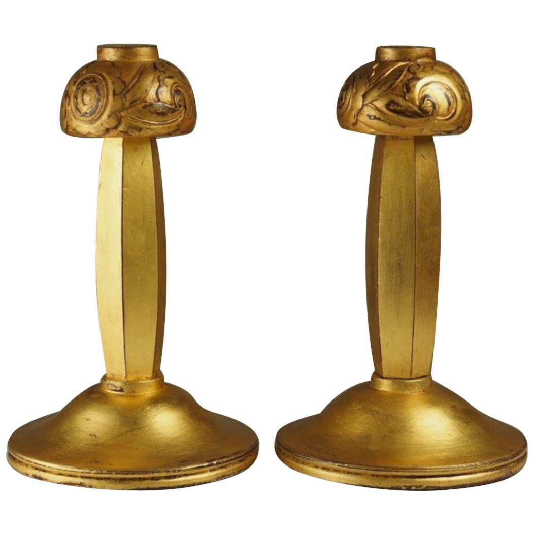 Paul Follot Pair of Small Gilt Sculpted Wood Table Lamps