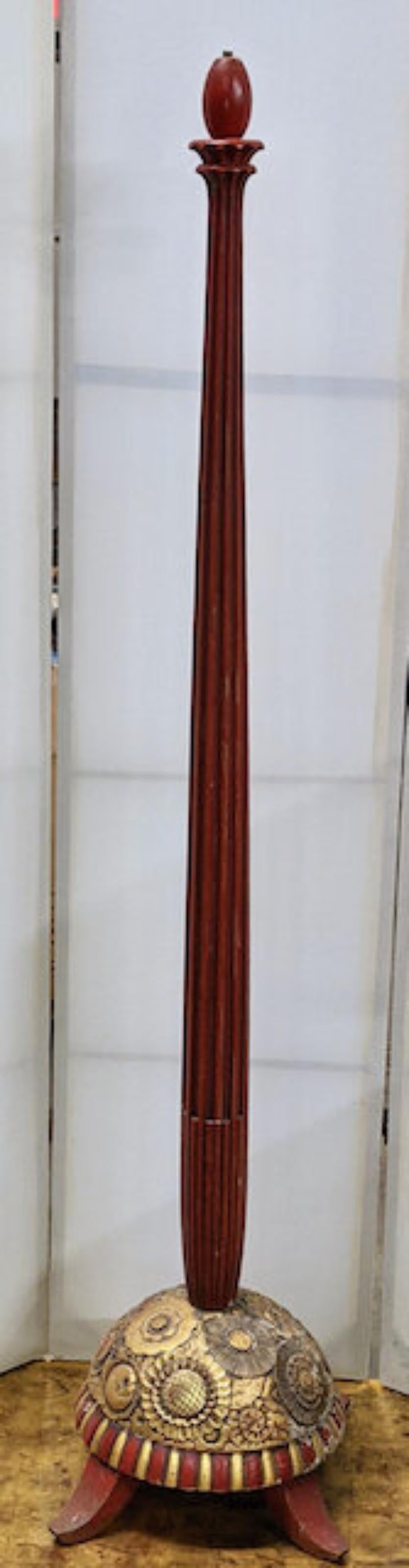 Paul Follot Sculpted Gilt and Red Lacquer Floor Lamp In Good Condition For Sale In Philadelphia, PA