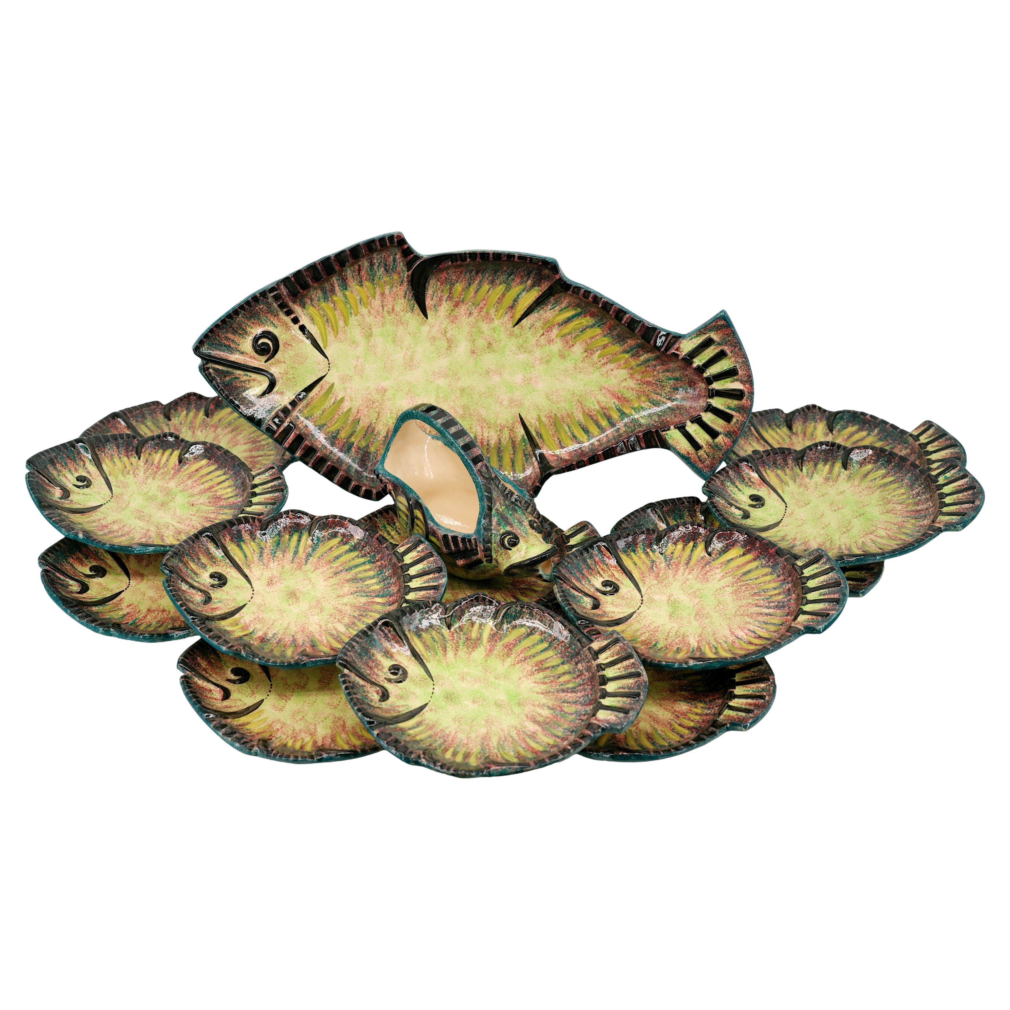 Paul Fouillen Mid-Century Ceramic Fish Dinner Set, Quimper, 1950s