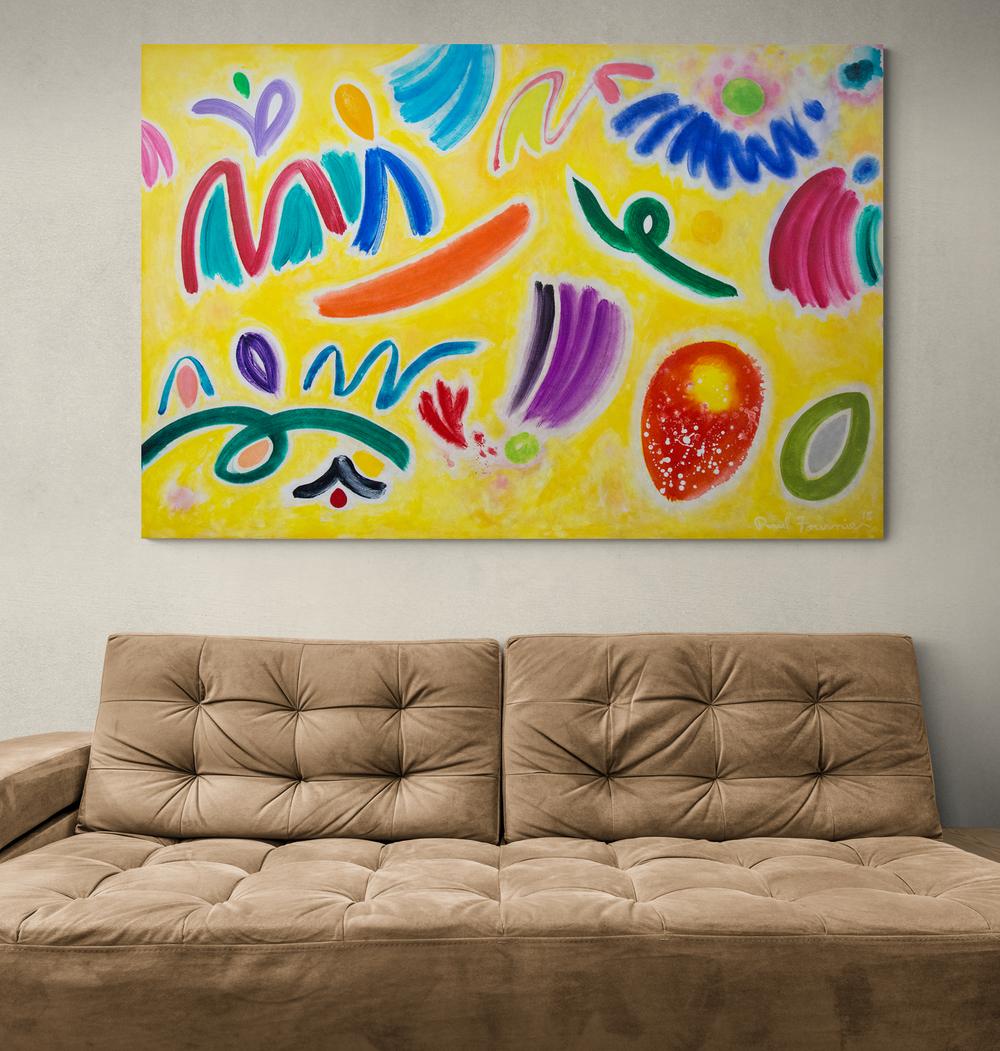 Jammin' in the Aviary III - bright, yellow, red, blue abstract acrylic on canvas For Sale 1