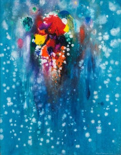 Presence in Azure - brillant, audacieux, bleu, rouge, blanc, abstrait, acrylique sur toile