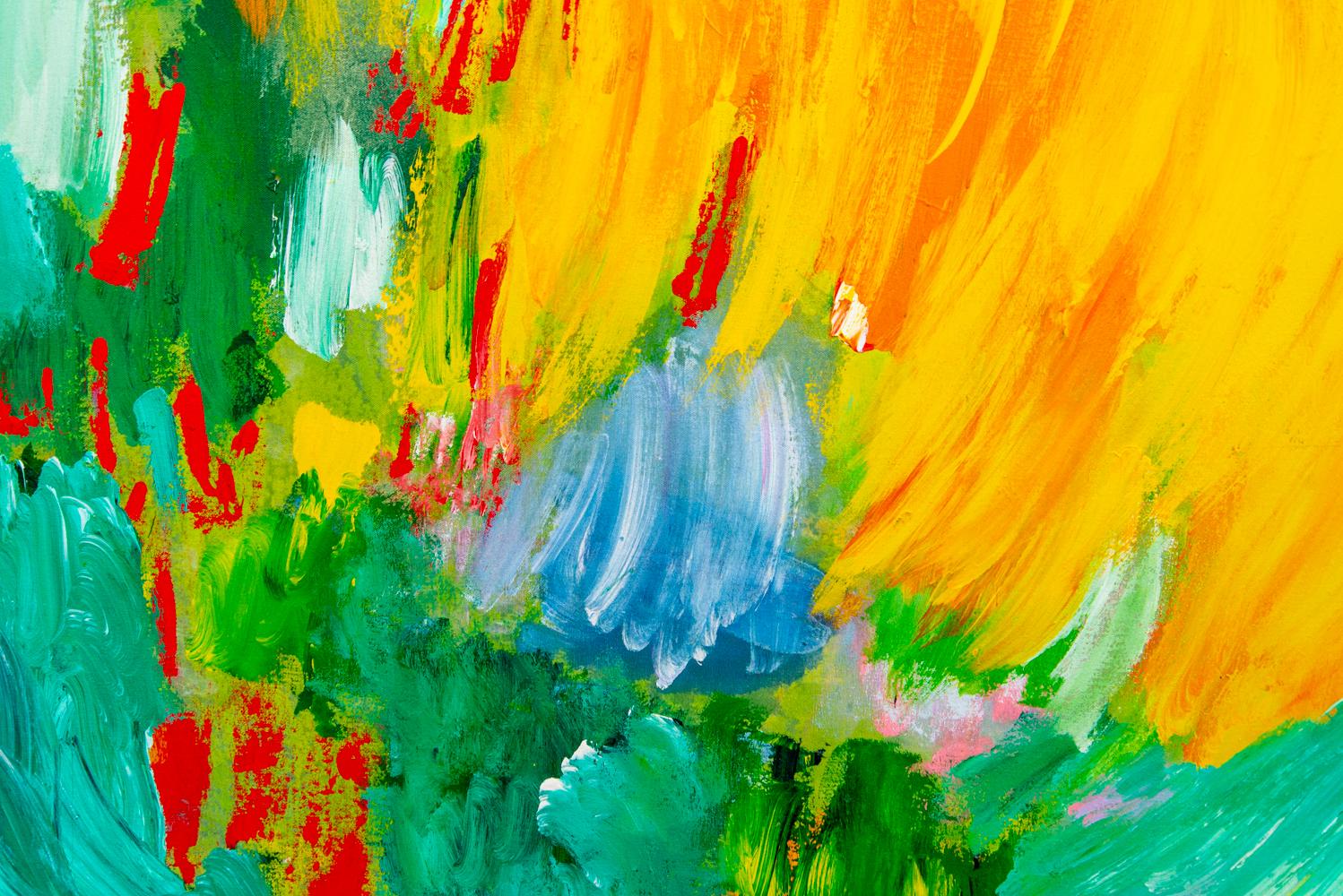 Tropic Noon - large, bright, colorful, abstract expressionist, acrylic on canvas - Orange Abstract Painting by Paul Fournier