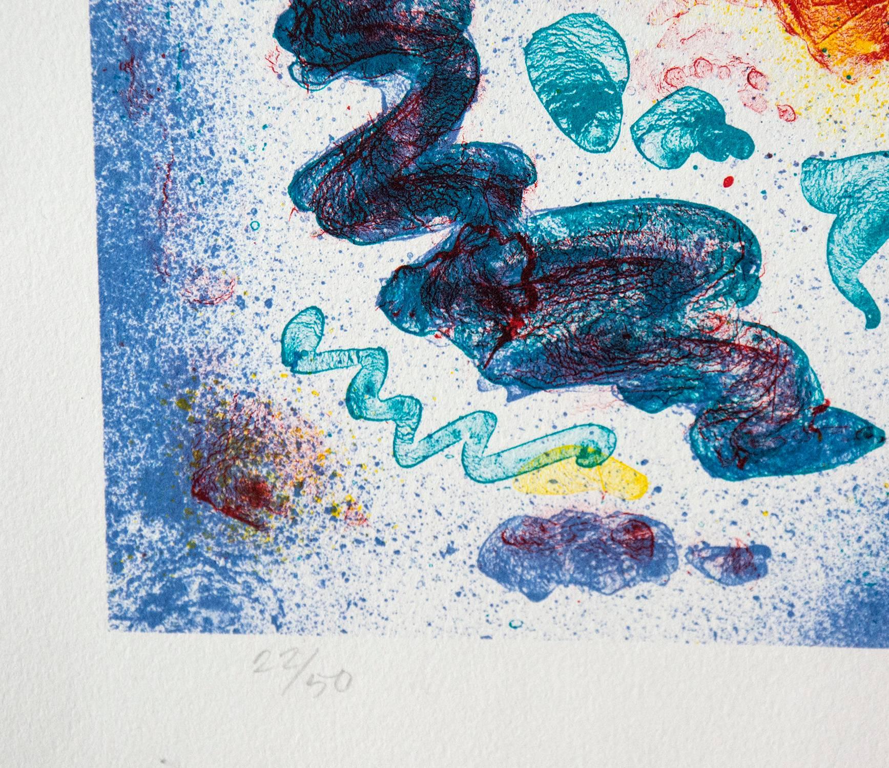 Aquatic forms in cool blue-green, sapphire and yellow-green move in a buoyant eddy around re-orange sponges in this lithograph by celebrated Canadian artist Paul Fournier. This print from a series of six coral reef inspired images created in 2001 is