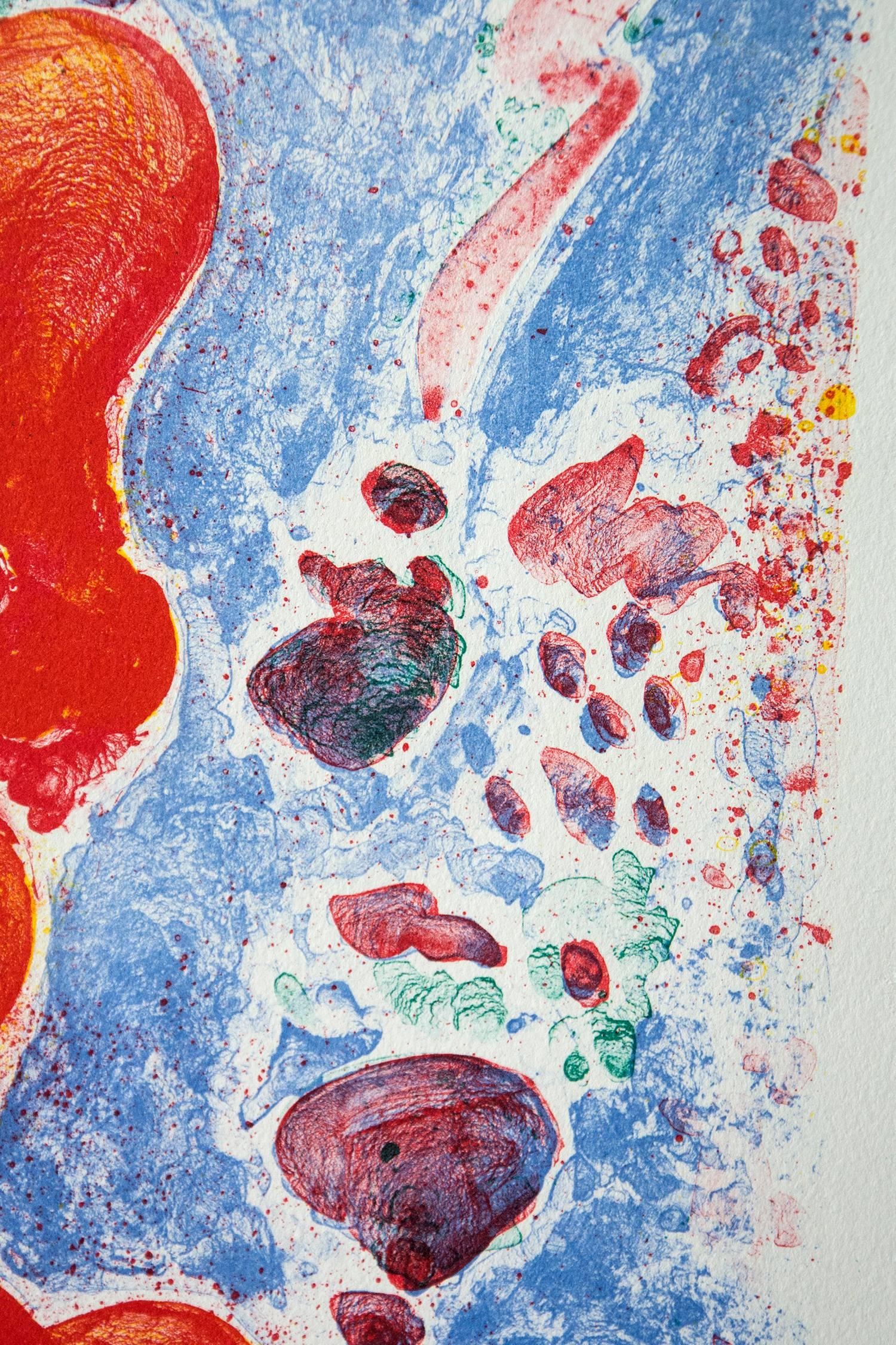Aquatic forms in indigo, green, maroon and red swirl and intersect on a ground of periwinkle in this lithograph by celebrated Canadian artist Paul Fournier. This print from a series of six coral reef inspired images created in 2001 is number 22 in