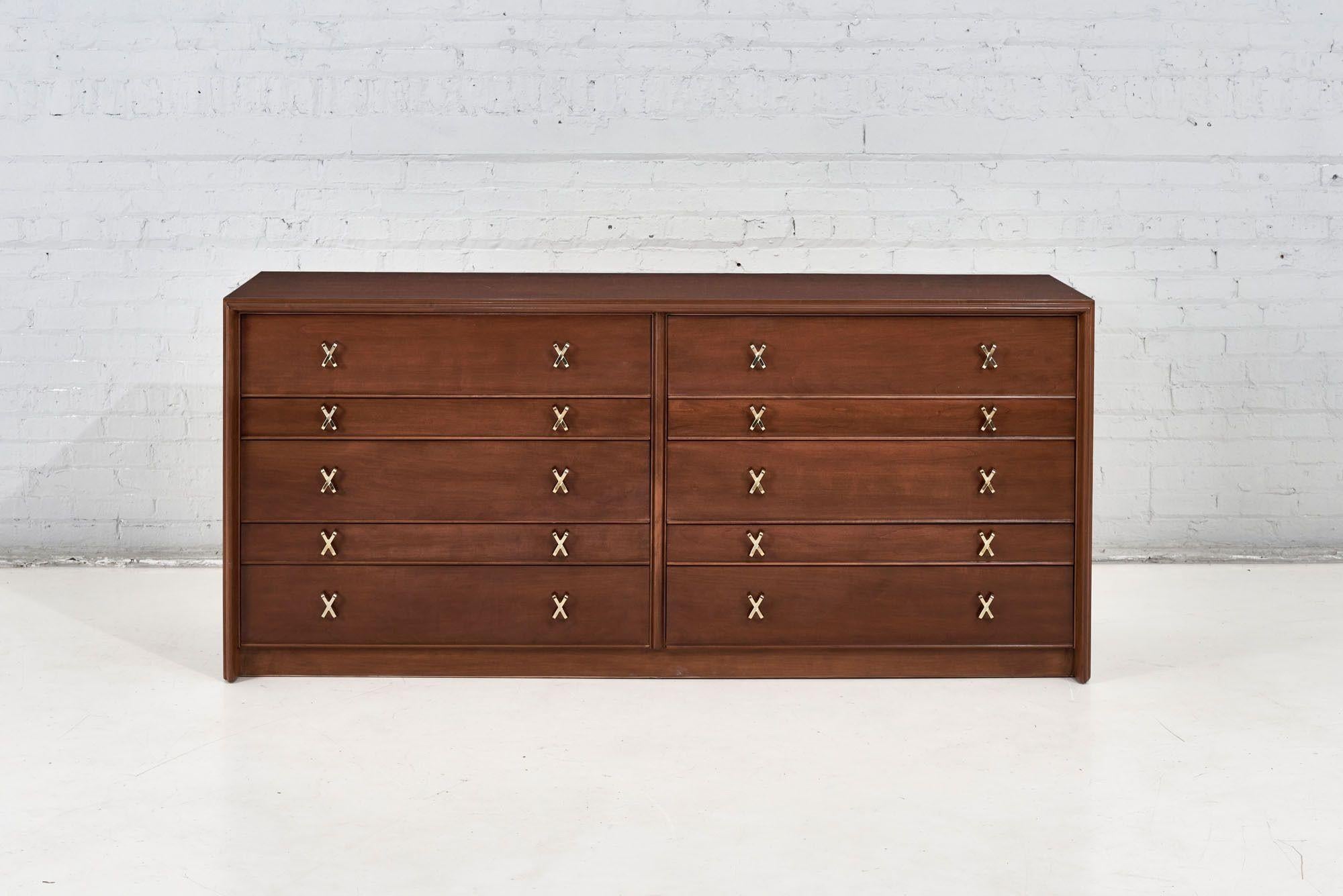 Paul Frankl 10 drawer dresser with X brass pulls for Johnson Furniture, 1960.